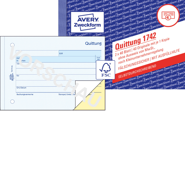 ZWECKFORM 1742 Quittung Kleinunternehmer 2x 40BL