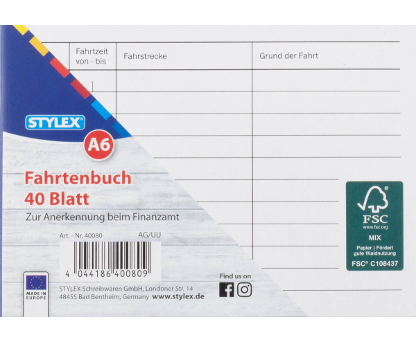 STYLEX Fahrtenbuch A6 40BL