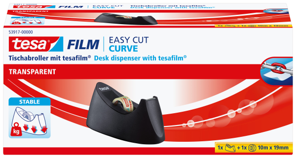 Tischabroller für Klebefilm Curve, 33 m x 19 mm, schwarz, + 1 Rolle 10m 19mm